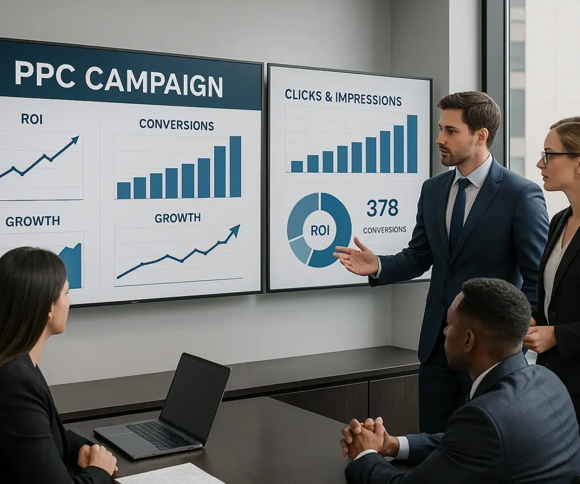 Team at a PPC Advertising Company in Houston analyzing campaign data focused on ROI, conversions, and business growth beyond clicks