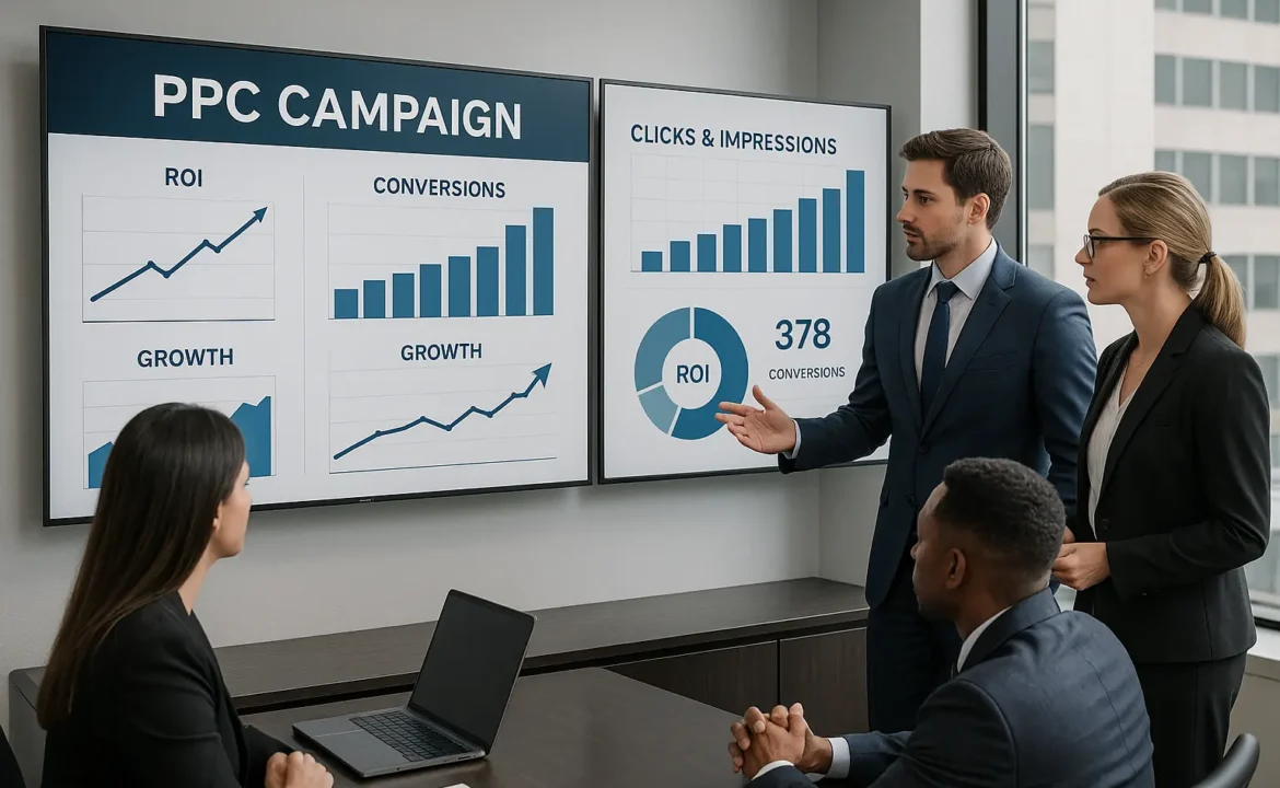Team at a PPC Advertising Company in Houston analyzing campaign data focused on ROI, conversions, and business growth beyond clicks