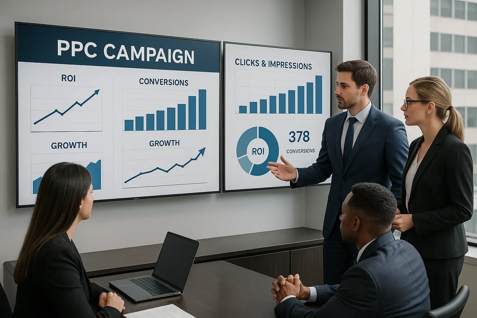 Team at a PPC Advertising Company in Houston analyzing campaign data focused on ROI, conversions, and business growth beyond clicks