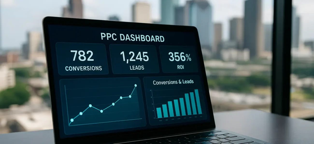 Laptop dashboard from a PPC Advertising Company in Houston showing conversions, leads, and ROI metrics with Houston skyline in background Laptop dashboard from a PPC Advertising Company in Houston showing conversions, leads, and ROI metrics with Houston skyline in background